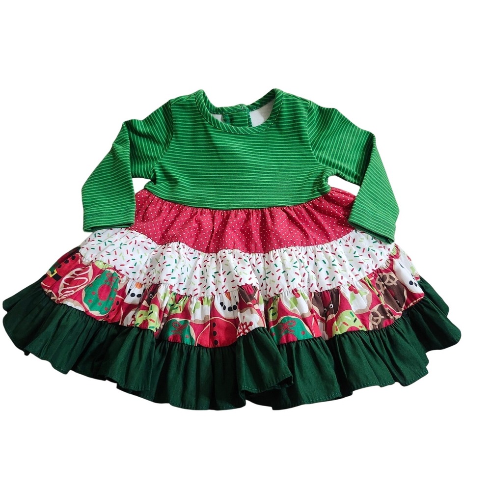 NEW Ricrac & Ruffles Baby Girls Christmas Tiered Ruffle Dress Green Red 3/6M